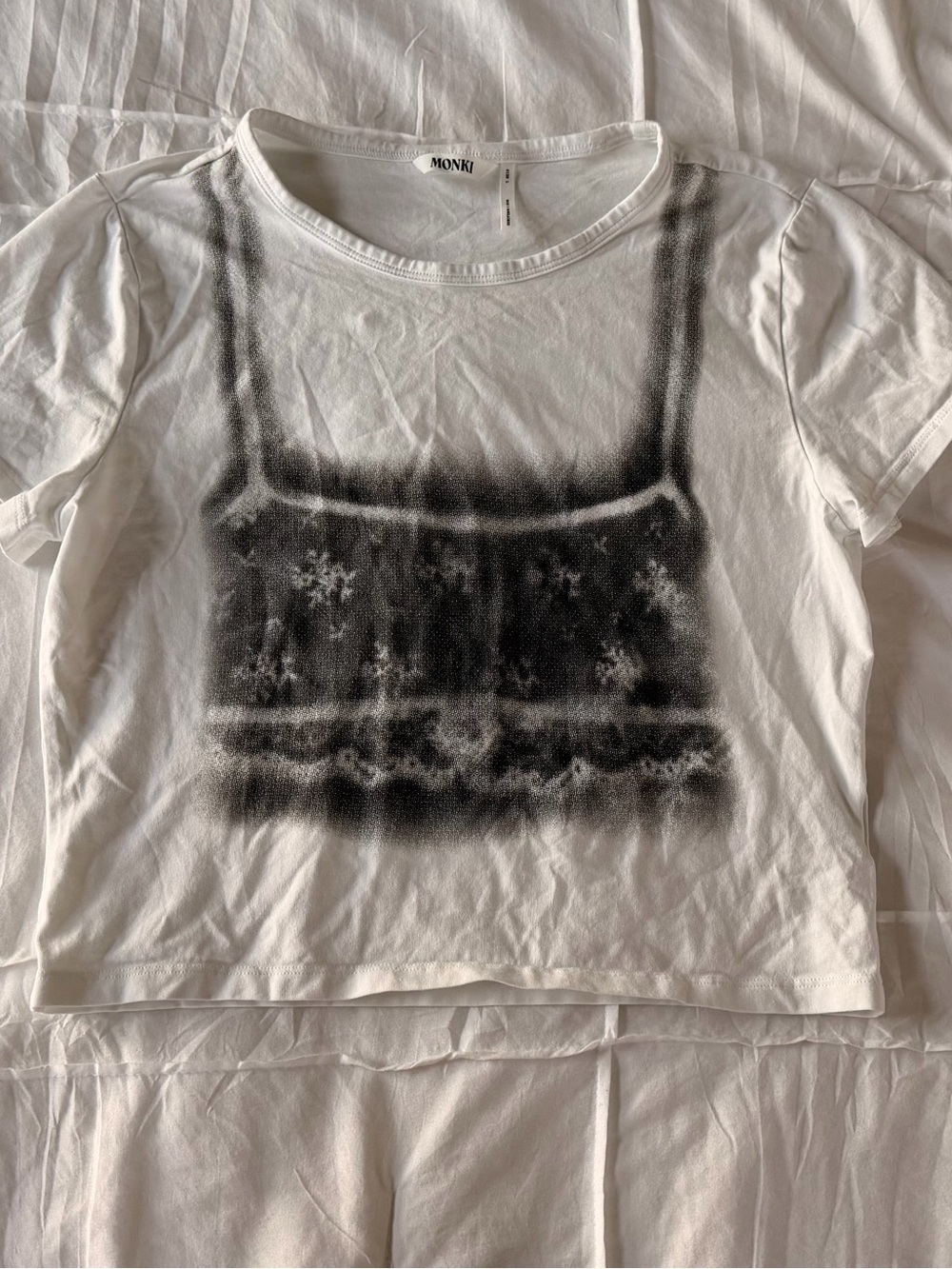 Monki White Tee with Black Spray-Graphic Crop